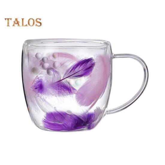 Double Wall Glass Coffee Mug 250/350ml Feather Design Cup with Handle Insulated Anti-Scalding Comfortable Grip Temperature Control Tumbler for Tea