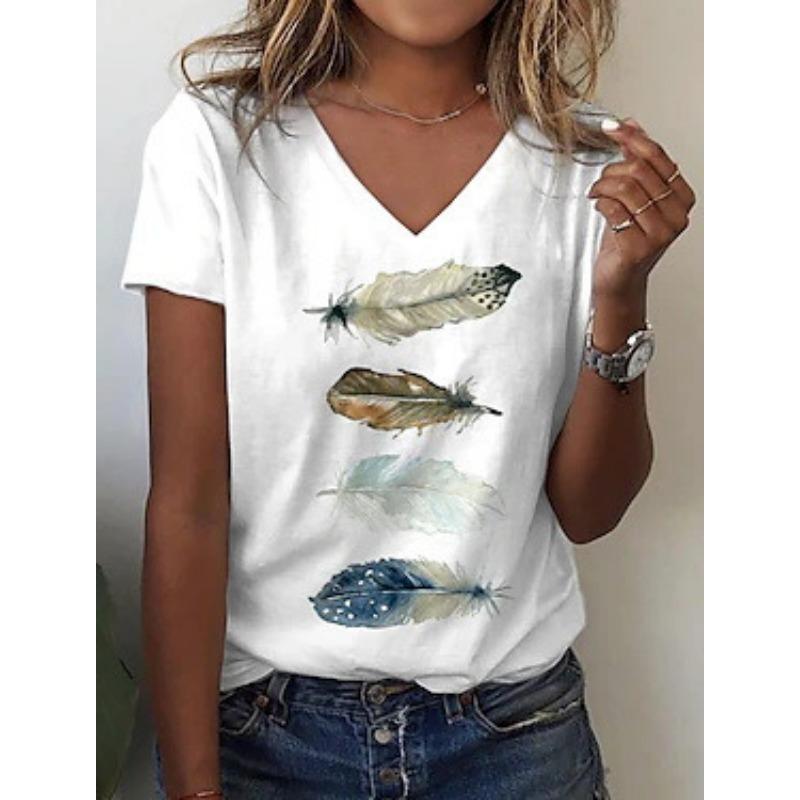 Women V Neck Floral Print Lace Patchwork Short Sleeve Casual T Shirt