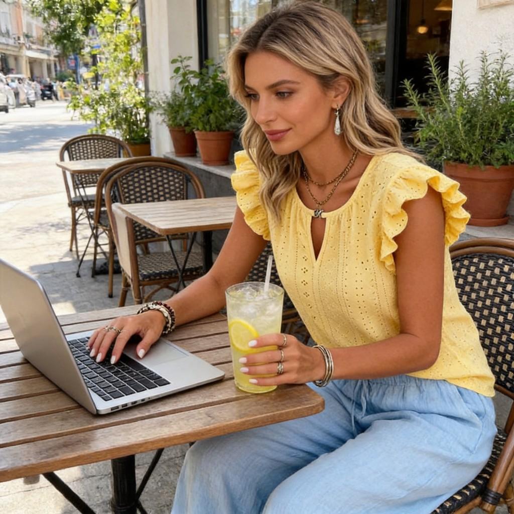 Sommer Damen Polyester Strick Rundhals Rüschenärmel T-Shirt Mit Lockerer Passform Für Freizeitkleidung