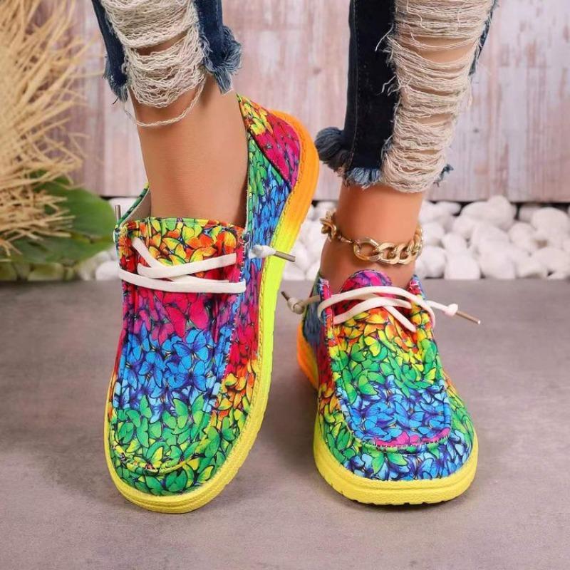 2025 New Plus Size Lace-up Colorful Low Top Shoes Women's Graffiti Lazy Canvas Flat Shoes
