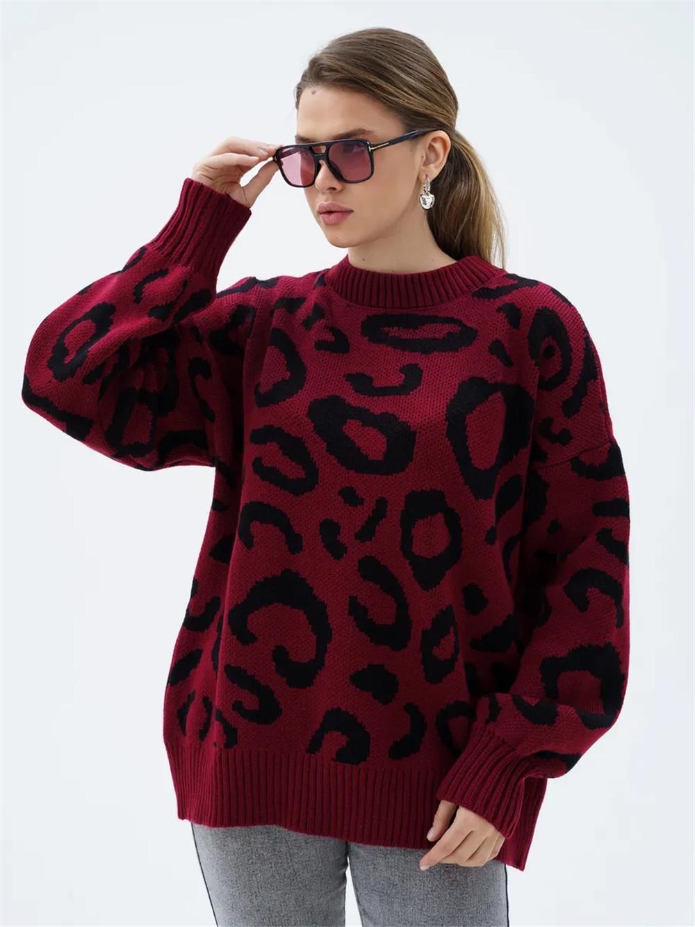 2025 Autumn/Winter Women s Leopard Print Round Neck Knitted Sweater Large