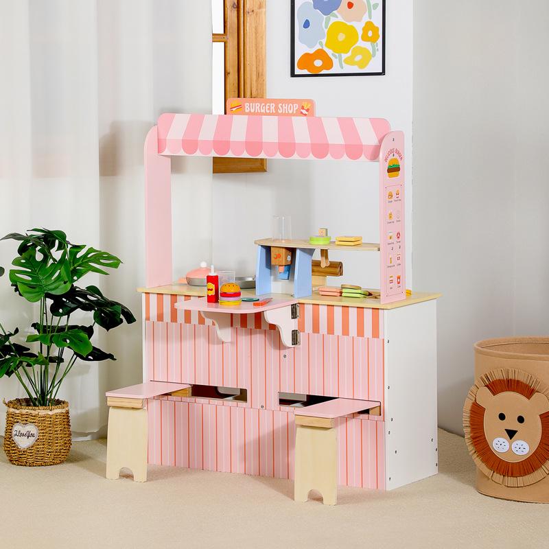 Simulare casă de joacă roz față-verso burger magazin producție alimentară simulare vânzare jucării bucătărie din lemn
