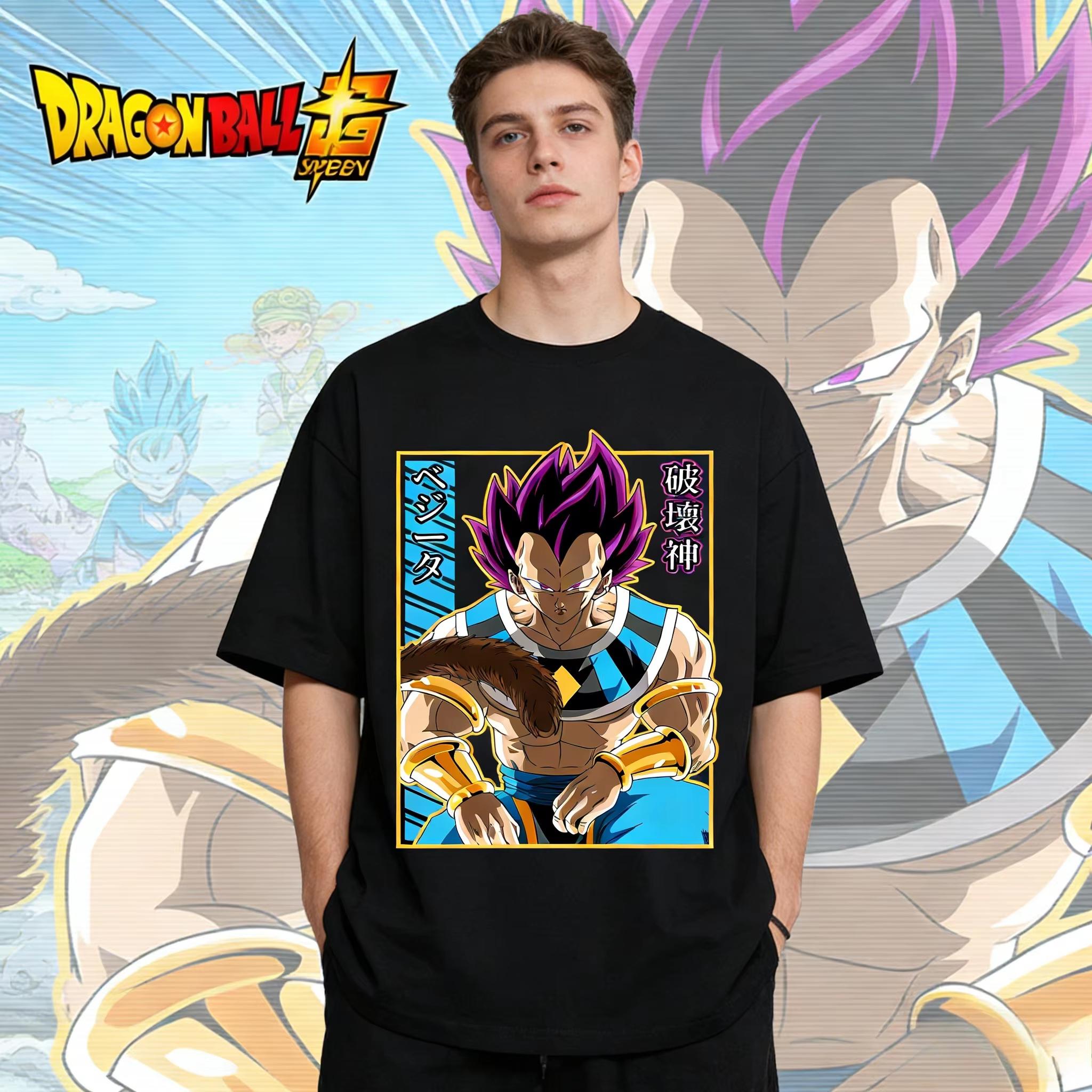 

2026 New Dragon Ball Vintage Vegeta Destruction God Form Kanji Printed Short Sleeve T-shirt Men s and Women s T-shirt Men s Tops S разноцветный