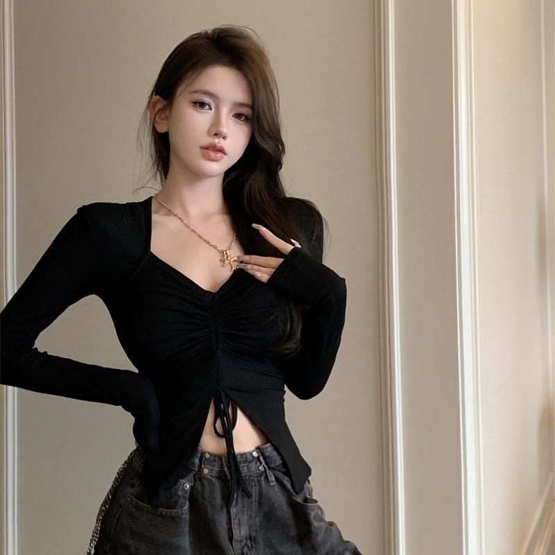 

Spring Autumn Sexy Fashion V-neck Shirring Folds T-shirt Women Long Sleeve Midriff-baring Slim Tee Pullover Top S чёрный