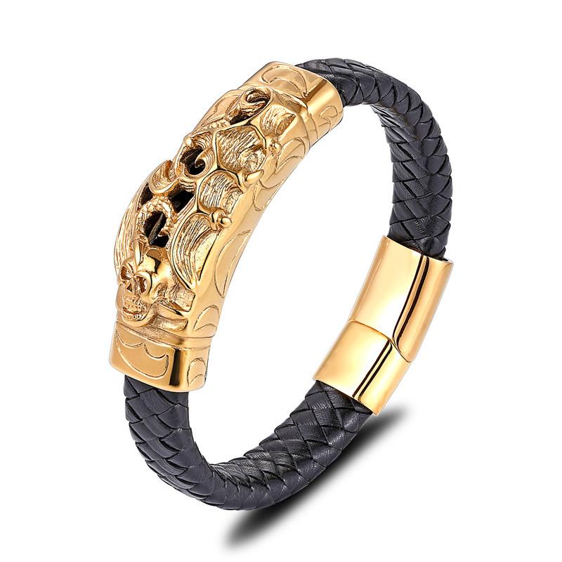 Men'S Jewelry, Gold Steel Color, Titanium Steel, Stainless Steel, Black Leather Rope Bracelet, Magnet Buckle Personality
