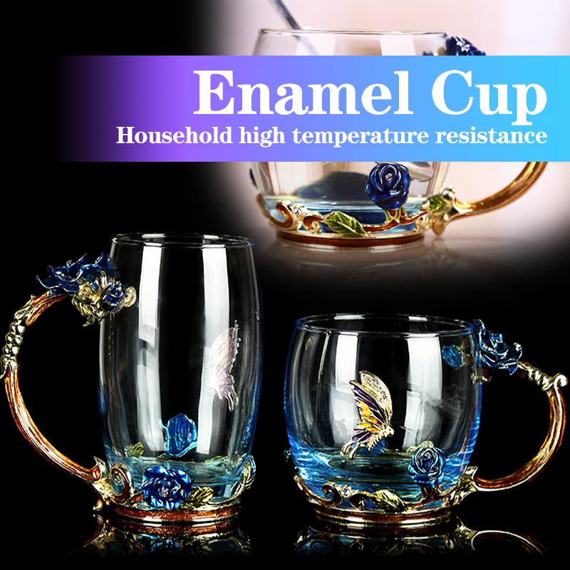 Blaue Rose Emaille Kristall Teetasse Kaffeetasse Becher Schmetterling Blume Wassertasse mit Löffel Trinkgeschirr Glastasse Liebhaber Hochzeit