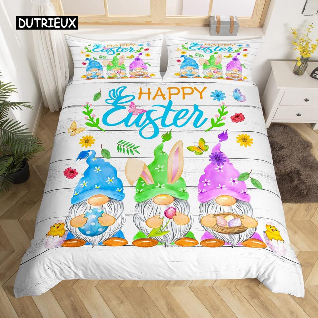 Easter Rabbit Tail Comforter Cover Pastel Pink Tulip Flowers Duvet Cover Twin Easter Eggs Kawaii Animal Bedding Set Easter Decor