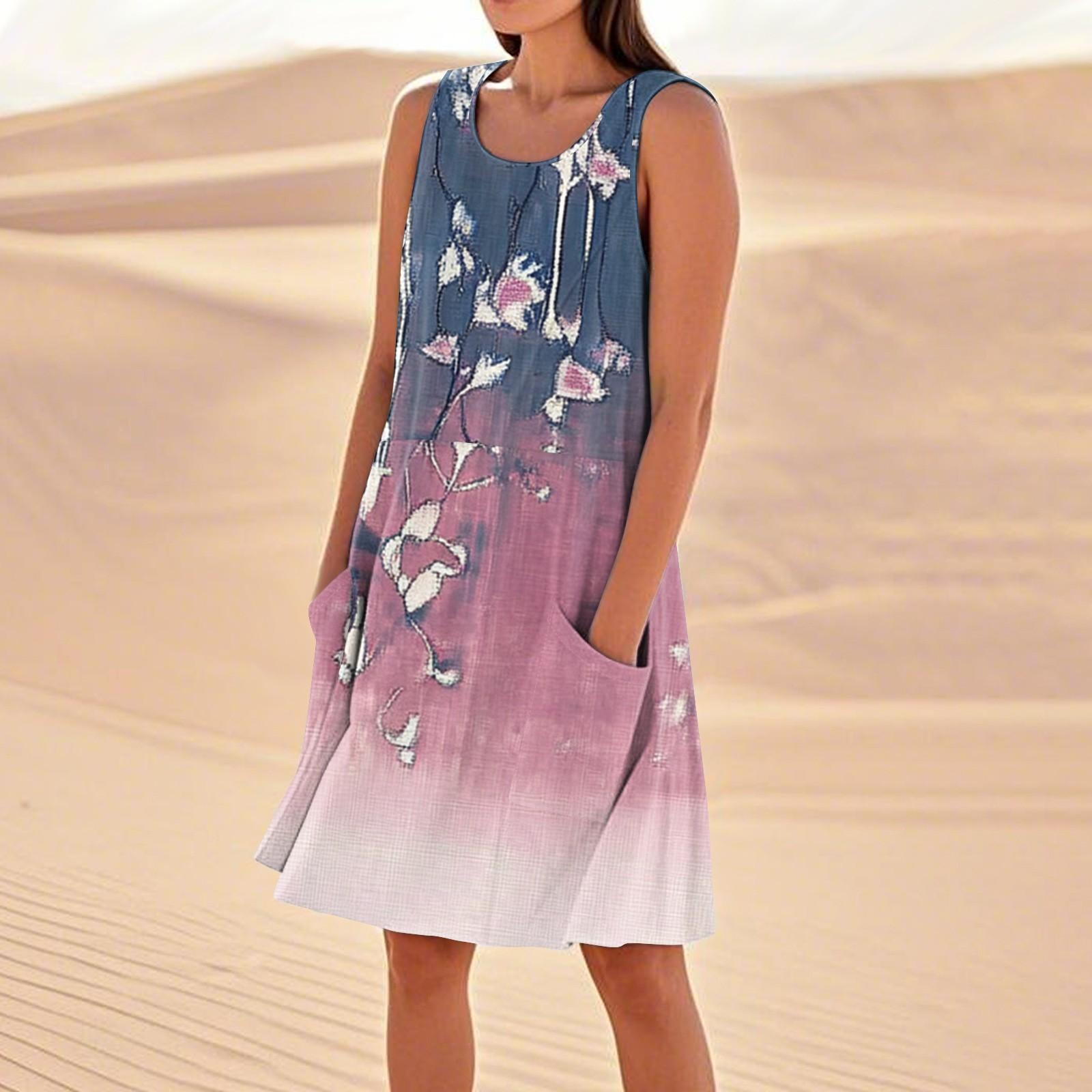 

Платья с принтом для женщин, свободные, пляжные, повседневные, без рукавов, сарафаны с карманами, платье-майка XL розовый