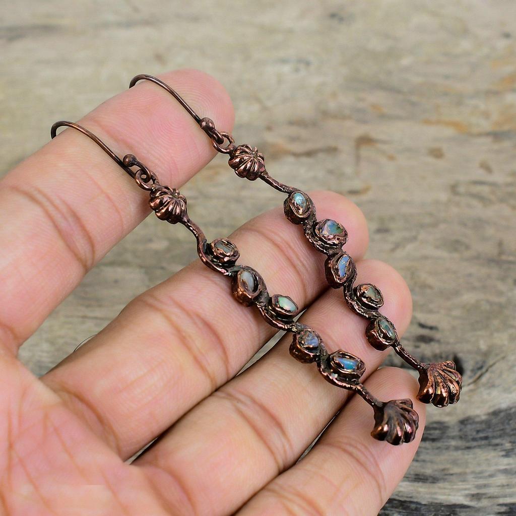 Cercei Opal Etiopian Cupru Electroformat Cercei cu Piatră Prețioasă Naturală Bijuterii din Cupru Cercei Delicați Bijuterii Handmade Cadouri Pentru Femei