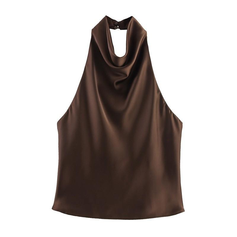Women s Halter Neck Sleeveless Satin Top Slim Fit Elegant Solid Silk Texture Cami Tank Top XS