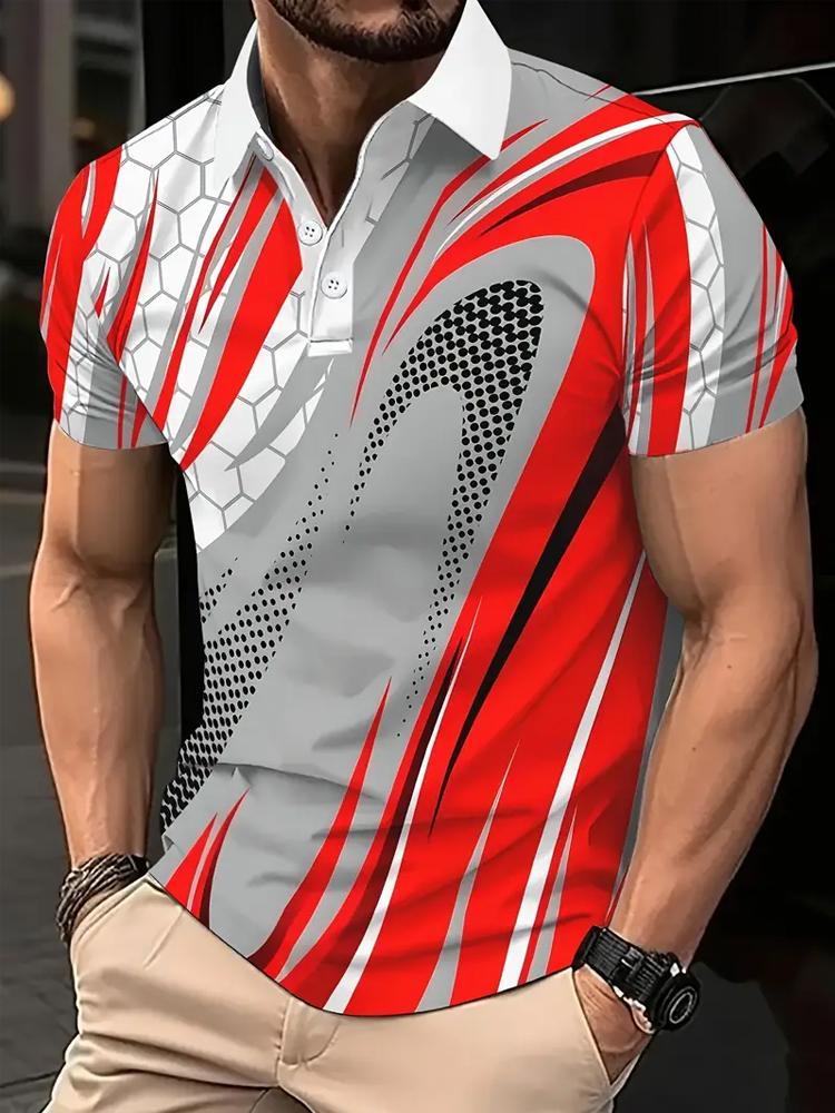 

Men s Summer Short Sleeve Shirt - Red & White Abstract Print Casual Polo Shirt M червоний