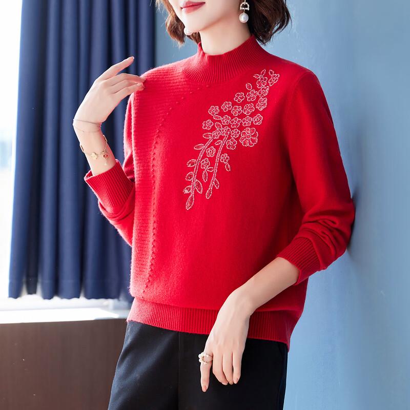 Women's 100% Merino Wool Embroidered Half-High Collar Sweater