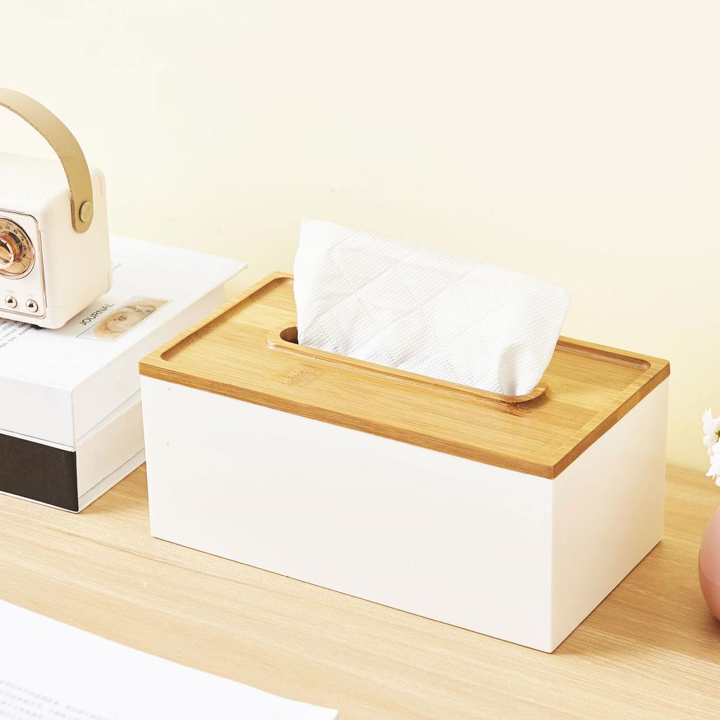 Japanese-style Bamboo-lid Tissue Box, Desktop Storage Box for Dining Room, Living Room, Office, Pull-out Tissue Dispense