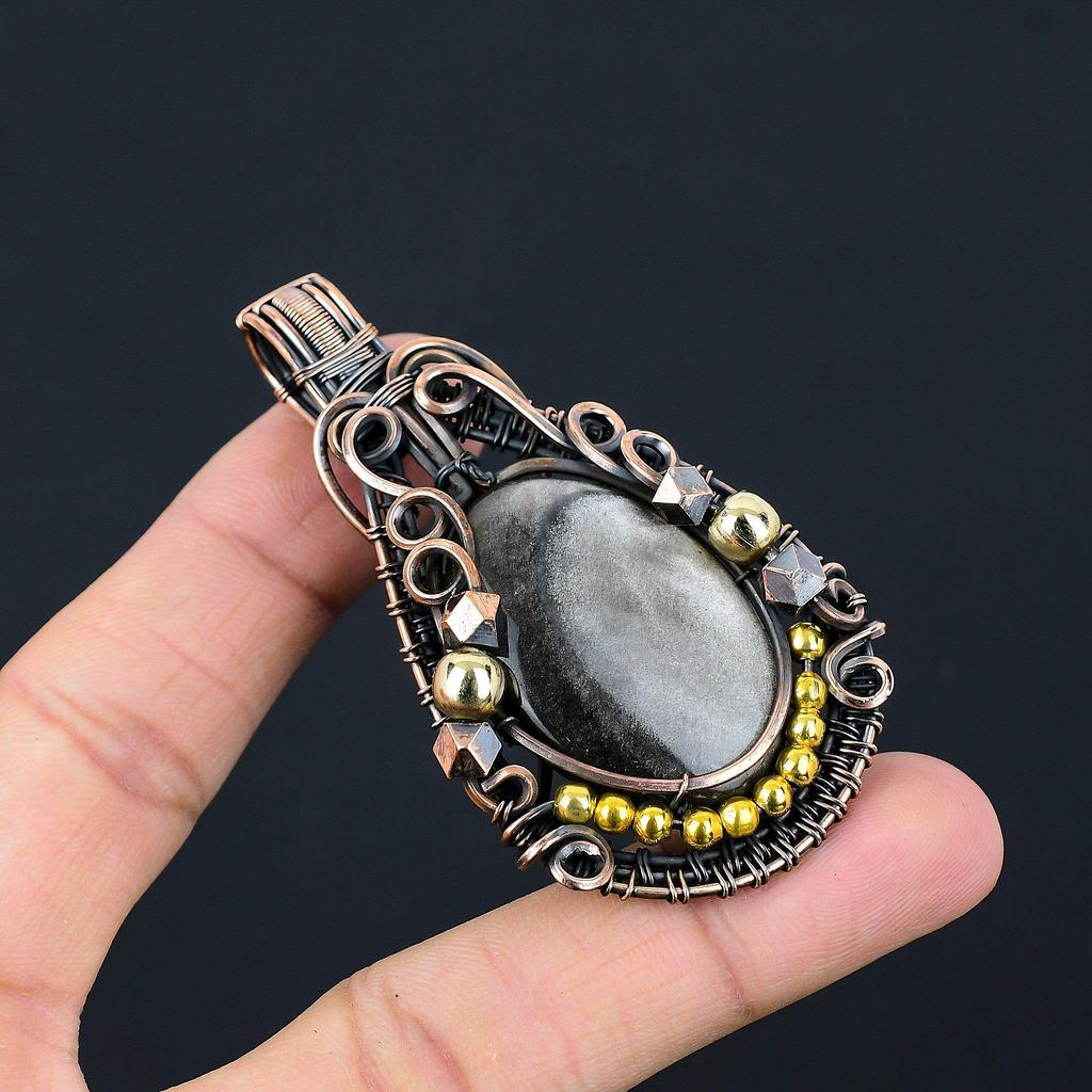 Silver Sheen Obsidian Pendant, 999 Copper Wire Wrapped Pendant Handmade Gemstone Jewelry, Gifts For Wife Brand New Pendant
