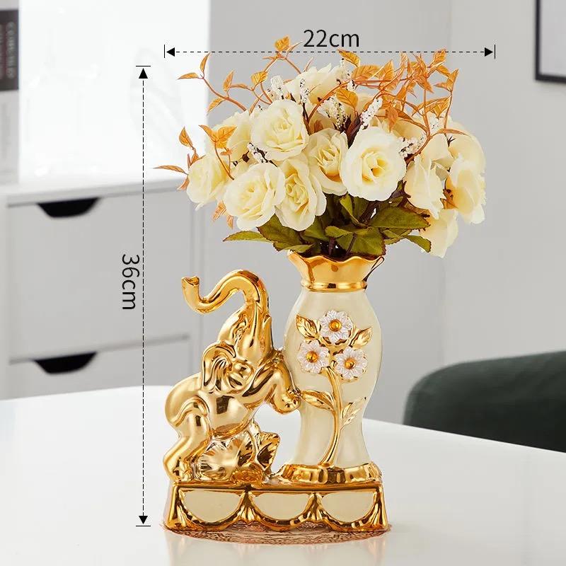 Keramik-Elefantenvase im europäischen Stil – Dekorative Figur mit künstlichen Blumen für Zuhause oder Tischplatte