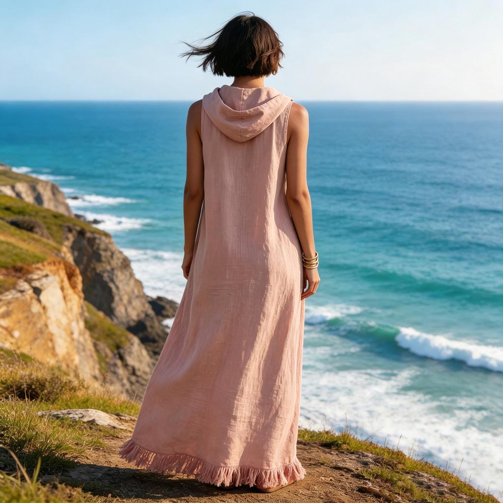 Sleeveless Hooded Maxi Dress with Fringe Hem Casual Long Dress Lightweight Loose Fit Summer Dress for Women