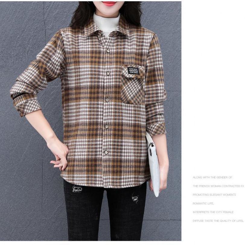Fleece-Lined Plaid Mid-Length Wool Shirt for Women - Plus Size, Long-Sleeve Casual Outerwear