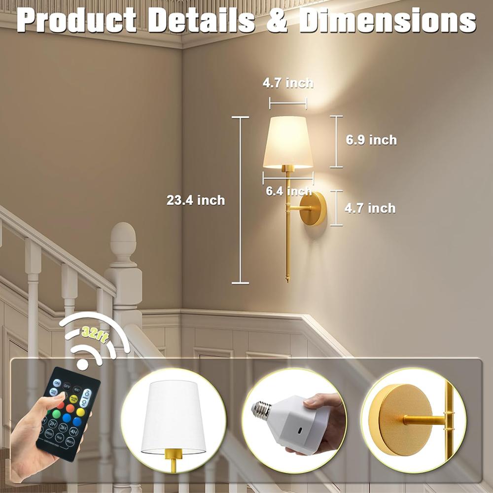 Wire-Free Bedroom Bedside Lamp Canvas Shade Gold Wireless Rechargeable Dimmable Wall Light Living Room Decorative