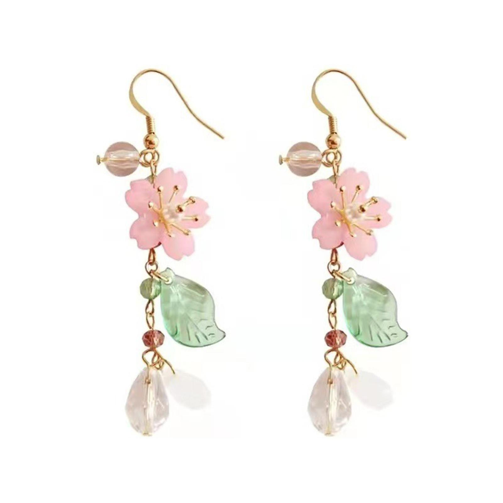 Elegant Summer Floral Earrings Fairy Flower Tassel Drop Earrings Pink Flower Leaves Drop Earrings Sweety Ear Accessories