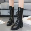 Fashion Women's Spring Autumn Single Boots Thin Thick soled Height increasing Strap up Boots Versatile Mid length Retro Women's Shoes