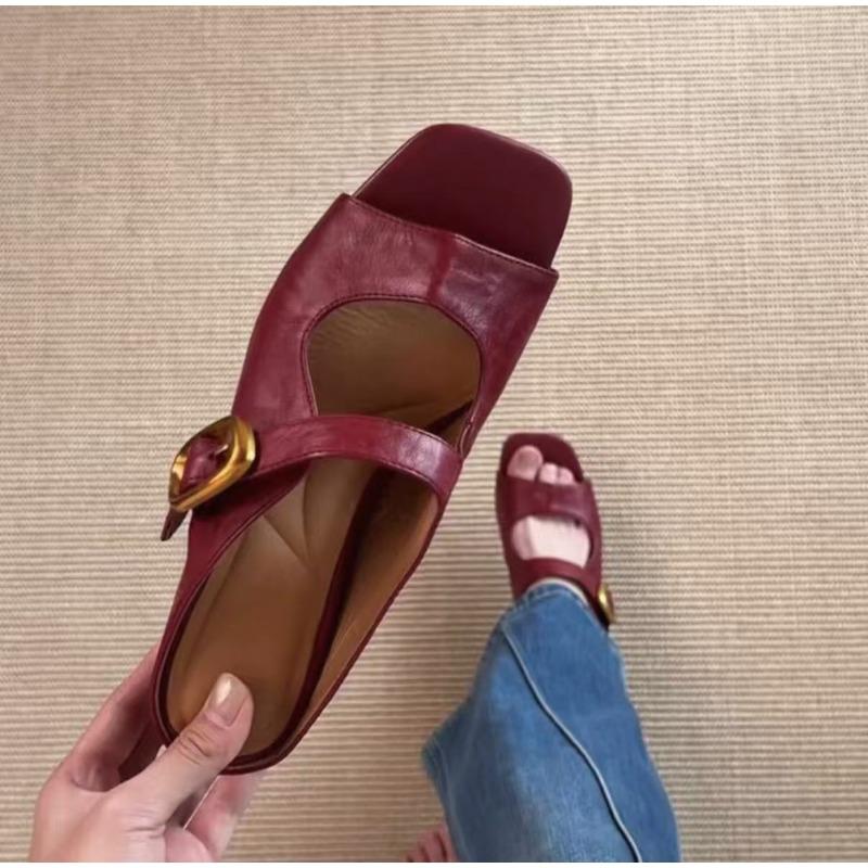 French thick slope bottom pointed Mary Jane cool slippers spring new word with bag head half slippers women wear 40 красный