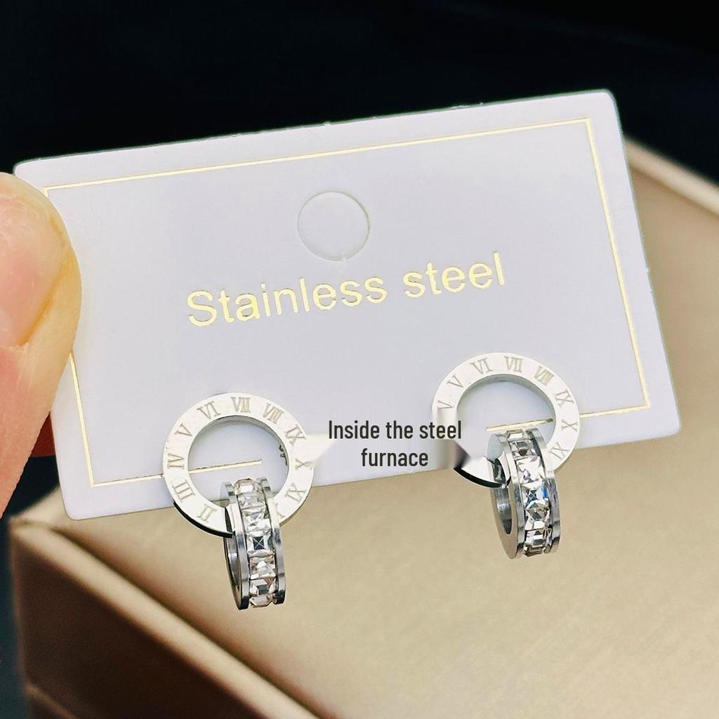 Rose Gold Titanium Steel Diamond Stud & Double Ring Dangle Earrings for Women