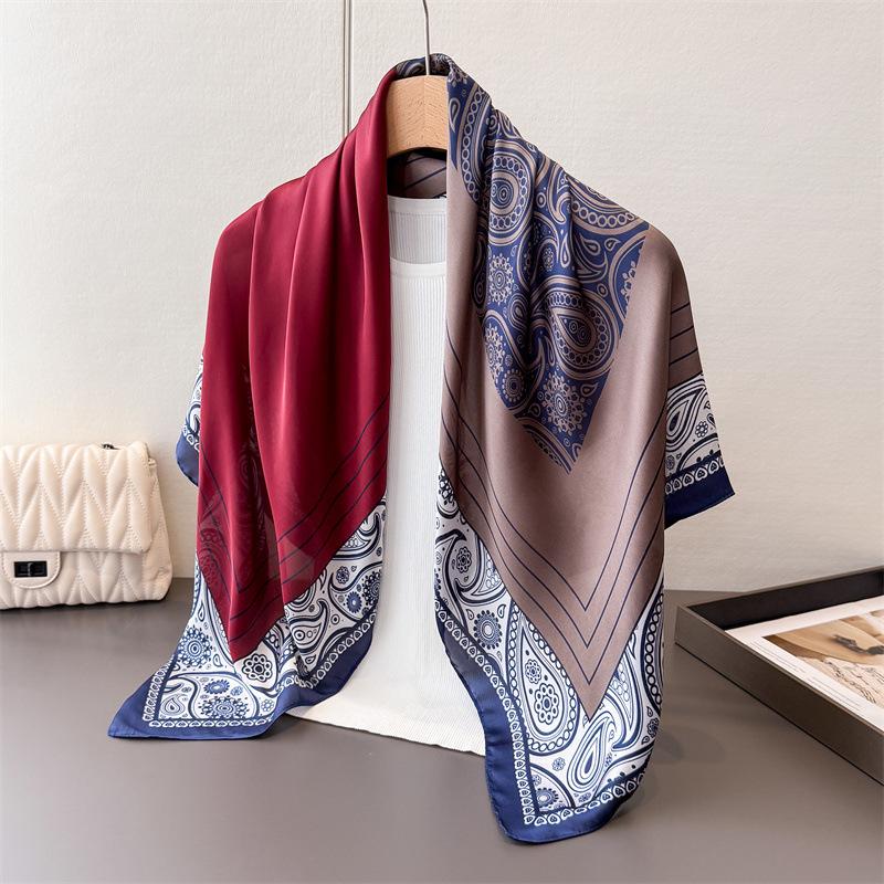 

European And American Cashew Nut Color Matching Satin Simulation Silk Printing Large Square Scarf Silk Scarf Shawl Headscarf Neck Protection Scarf 90*90cm