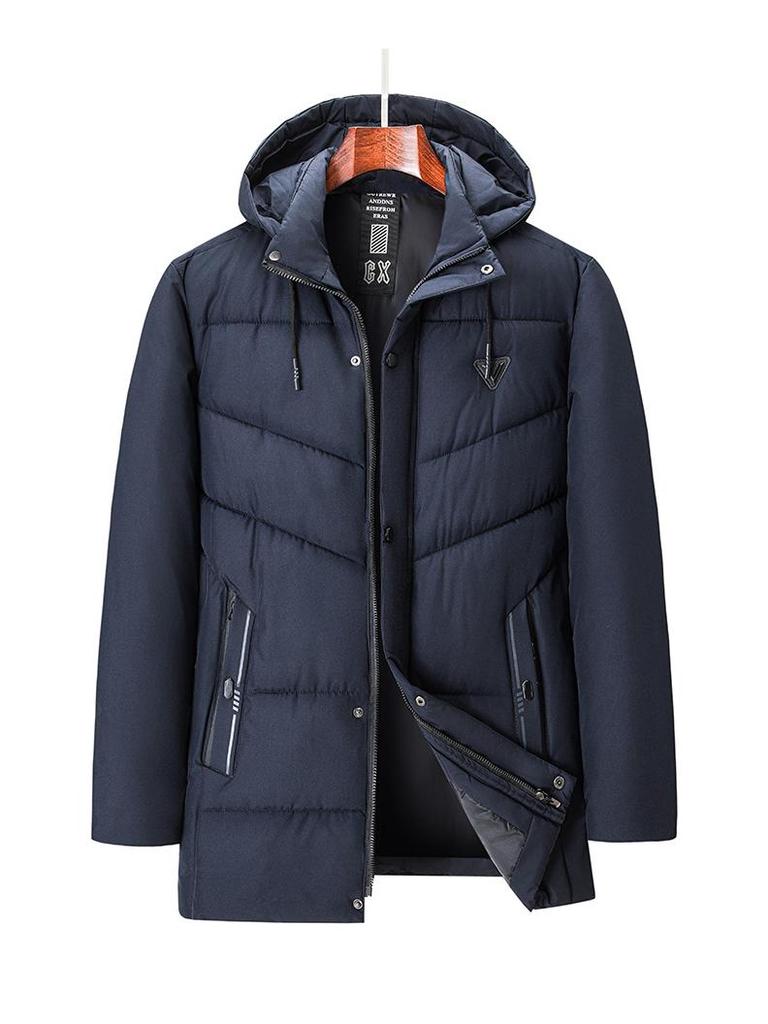 Winter 2025 Men's High Loft Warm Cotton Jacket with Detachable Hood for Middle-Aged and Elderly Business Wear.