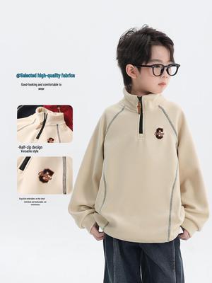 Orta ve Daha Büyük Çocuklar İçin Erkek 2025 Kış Polar Astarlı Yarım Fermuarlı Kapüşonlu Sweatshirt
