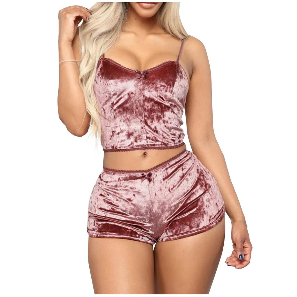 Dámské Deep V Sexy spodní prádlo Sametová košilka s lukem Šortky Set podprsenka Spodní prádlo