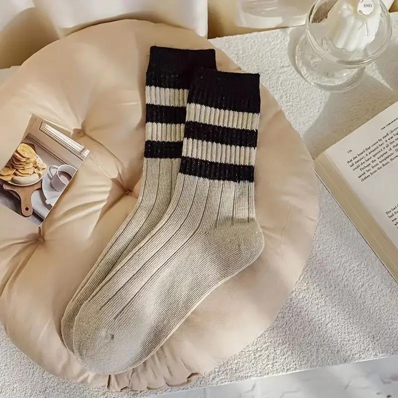 5 Pairs Striped Print Socks, Comfy & Soft Mid Tube Socks, Women's Stockings & Hosiery