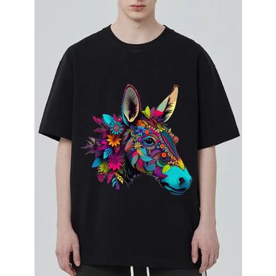 Schwarzes T-Shirt mit buntem Esel-Blumenmuster-Design für Freizeitkleidung