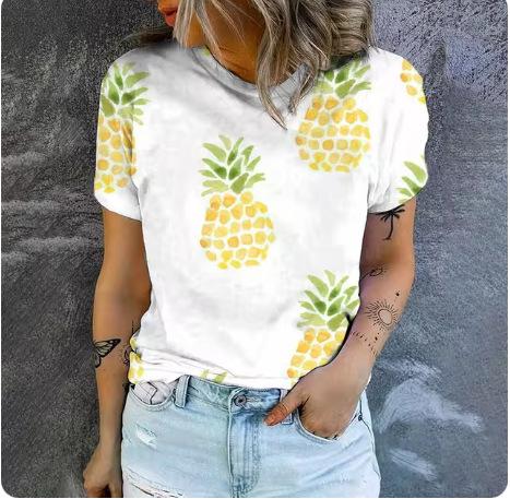 Summer new fashion trend short-sleeved top high quality fruit print breathable T-shirt simple casual loose round