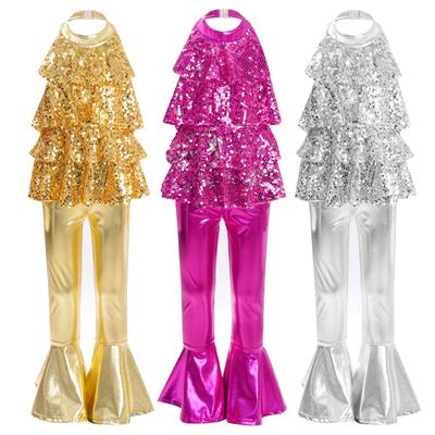 Shiny Sequins Leotard for Girls Jazz Dance Halter Backless with Ruffle Hem Bell Bottom Pants Performance Costume