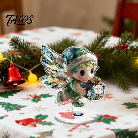 Angel Figurine for Mantel Xmas Acrylic Ornament, 2D Flat Tree Gingerbread Man Ornament with Seasonal Tabletop Display Rotatable Base, Christmas Table
