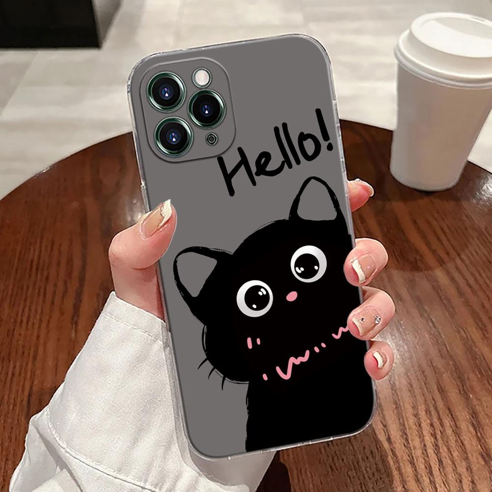 Cute Cat Hello Case For Apple iPhone 17 16 15 14 13 12 11 Pro Max 16 Plus 16E 17Air 17Pro Phone Cover Silicone Funda Black Cats