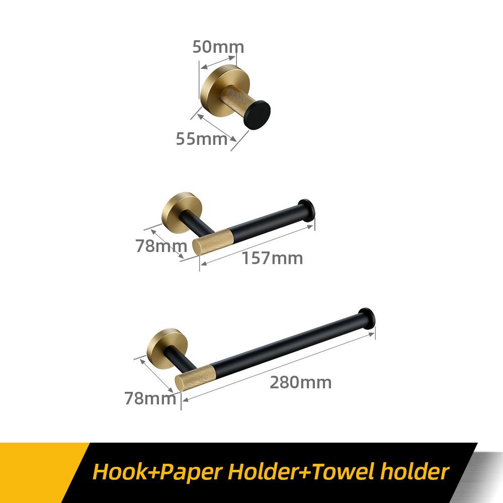Towel Rack Wall Mounted Towel Rack Brushed Gold Paper Holder& Matte Black Hook Knurled and Combined Colors Toilet Brush Holder