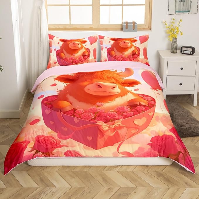 Cartoon Penguin Bedding Set Romantic Balloon Valentine's Day Comforter Cover Groovy Roses Flower Duvet Cover for Couple Lovers