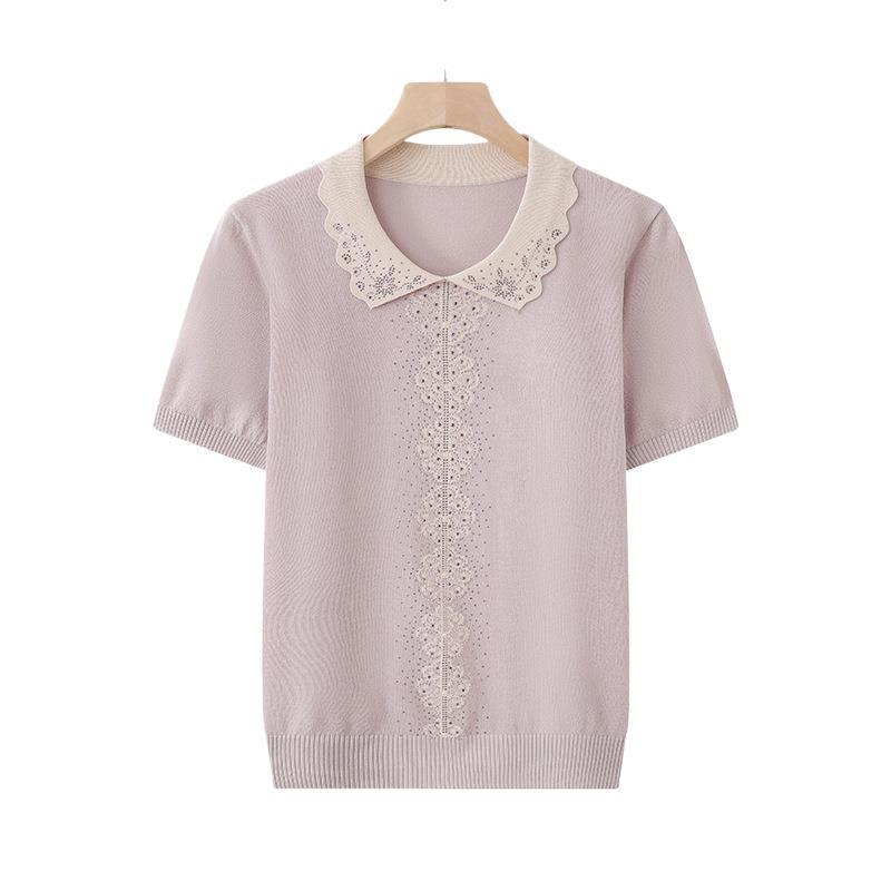 Mom's Ice Silk Knit Cardigan and Lapel T-shirt for Summer — Short Sleeve for Middle-Aged and Elderly Women