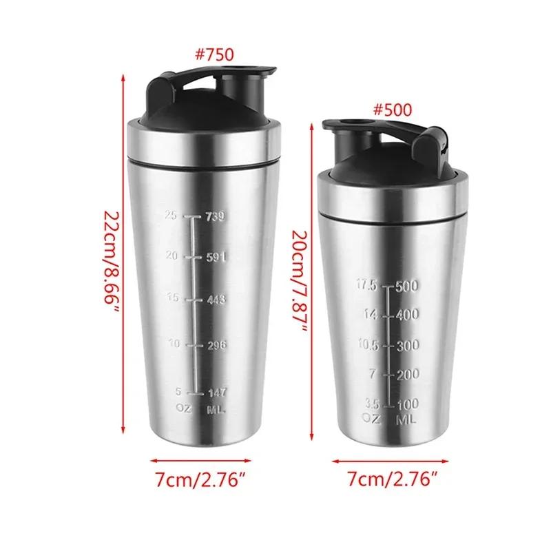 Protein Powder Shaker Bottle 500/750ml Leak Proof Water Bottle for Gym Fitness Sport Whey Shakes Cup with Scale Stainless Steel