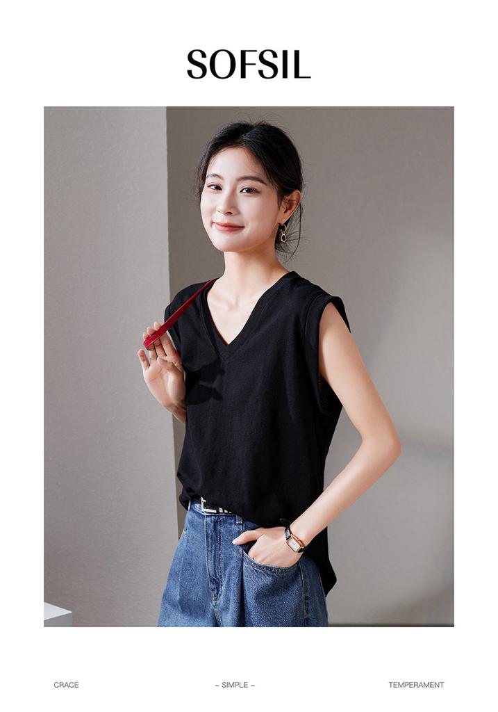 Simple Commuting V-Neck Sleeveless Vest T-Shirt for Women