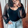 Women's See-through Lantern Sleeves Tops Splicing Slim Tops