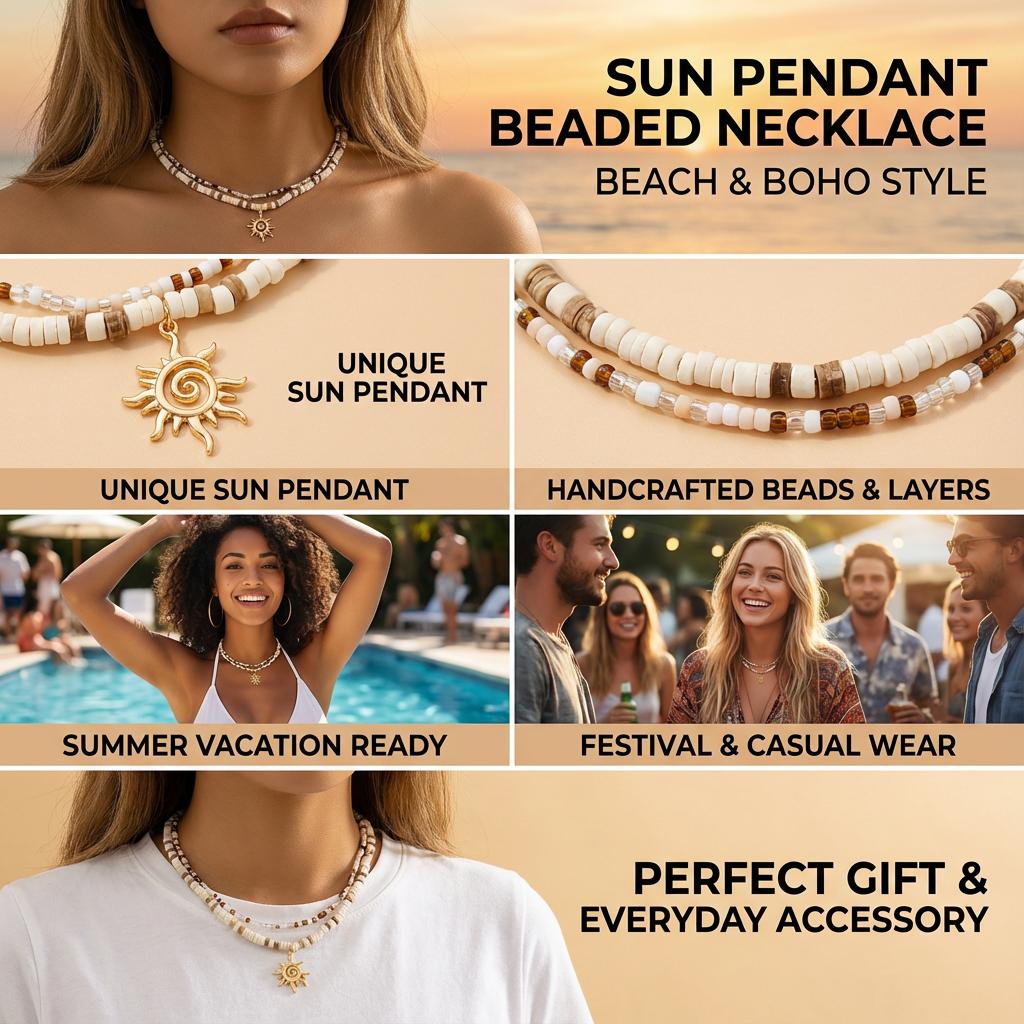 2pcs Boho Coconut Shell Wood Beads Necklaces Set for Women Men Vintage Sun Pendant Necklaces Summer Beach Party Jewelry Gifts