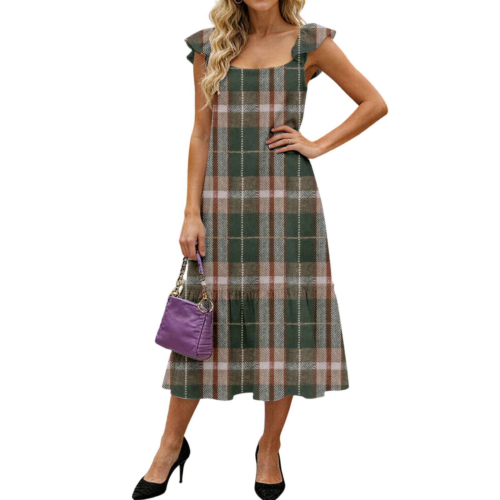 

Женское модное свободное платье средней длины в клетку с рюшами и летящими рукавами S зелёный