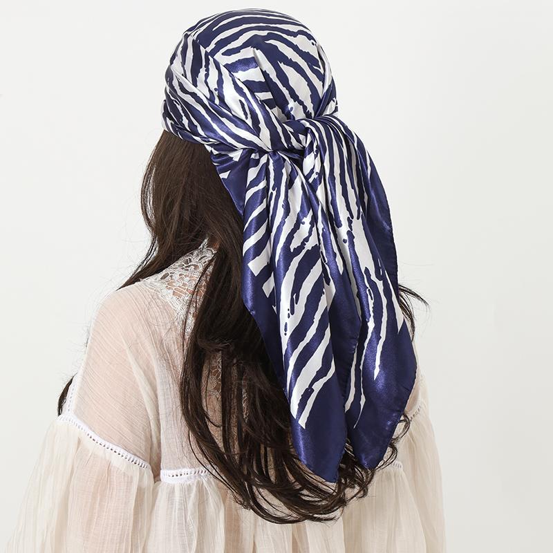 90*90cm Print Satin Big Square Silk Scarves Female Shawls for Women Stripe Print Hijab Headband Handkerchiefs Hair Silk Scarf