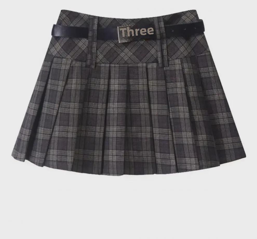 Women's American Retro Plaid High Waist Pleated Skirt - Early Autumn College Style, Anti-Exposure
