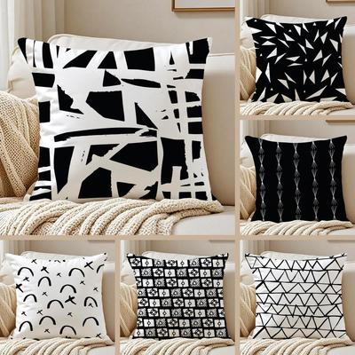 Simple Black And White Abstract Modern Style Cushion Cover Pillowcase Antidustmite Invisible Zipper Short Plush Sofa Cushion