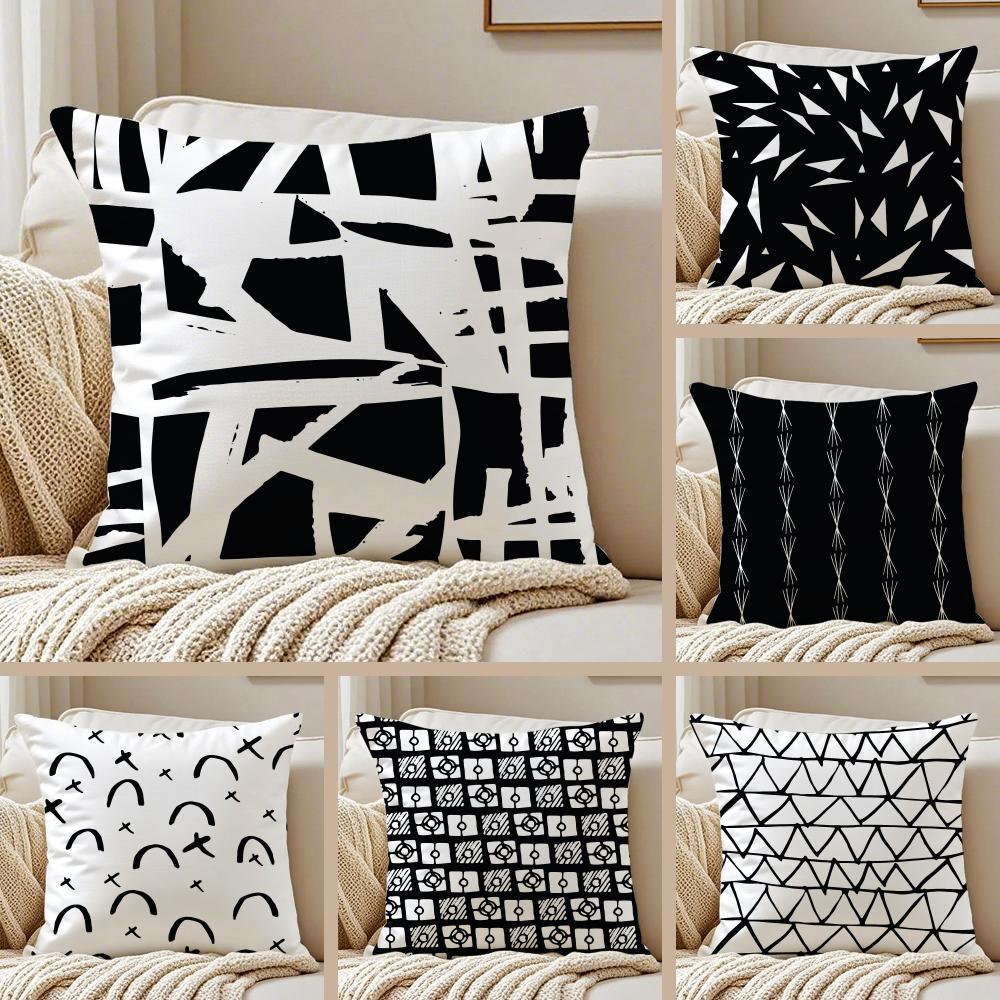 Simple Black And White Abstract Modern Style Cushion Cover Pillowcase Antidustmite Invisible Zipper Short Plush Sofa Cushion