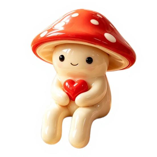 Mushroom Resin Statue Cute Mushroom Hold Red Heart Figurine for Home Office Desktop Shelf Patio Garden Backyard Decoration Love Heart