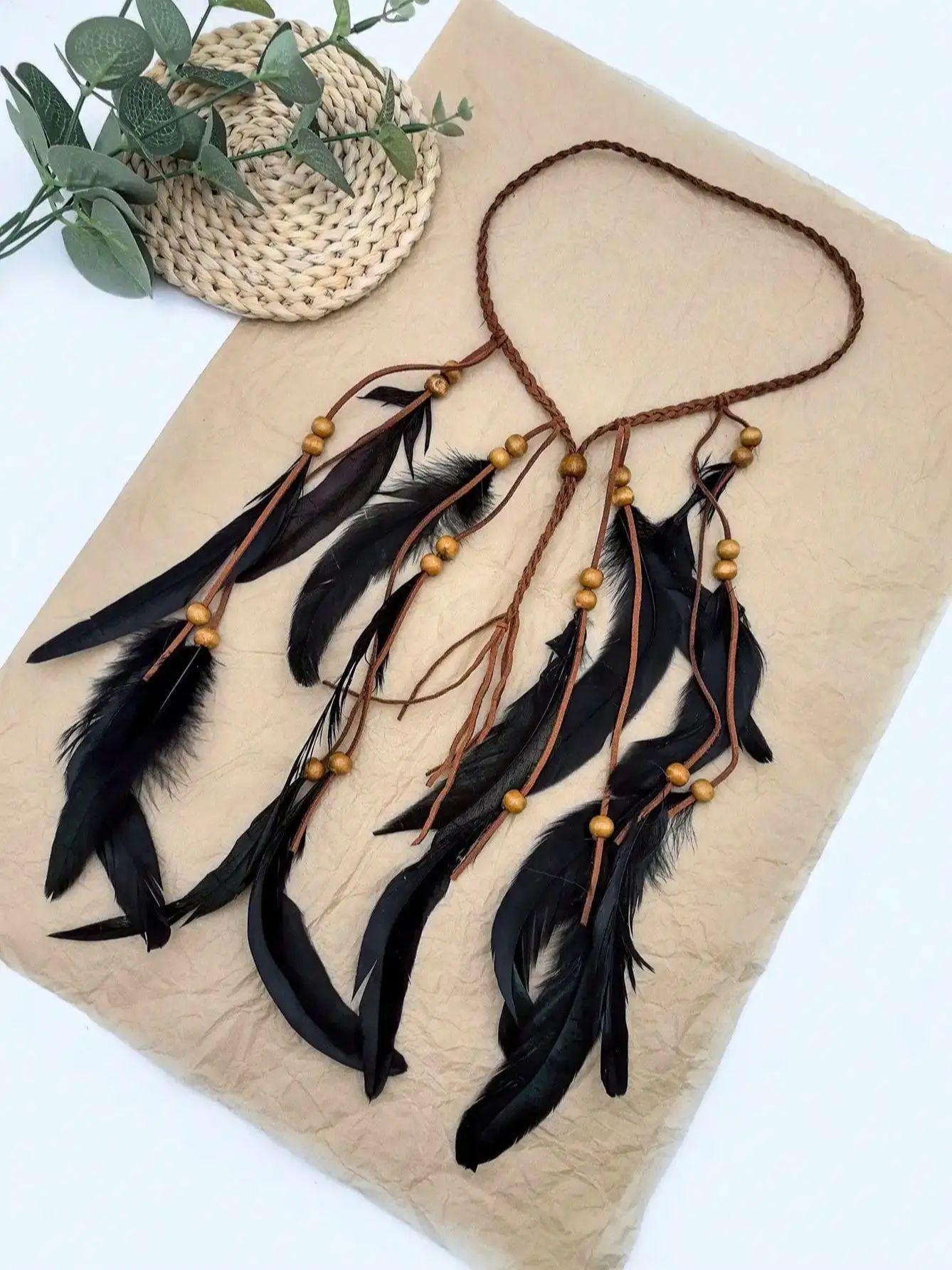 

1 шт. Модные плетеные веревочные деревянные бусины перья Повязки на голову для женщин девочек Аксессуары для волос